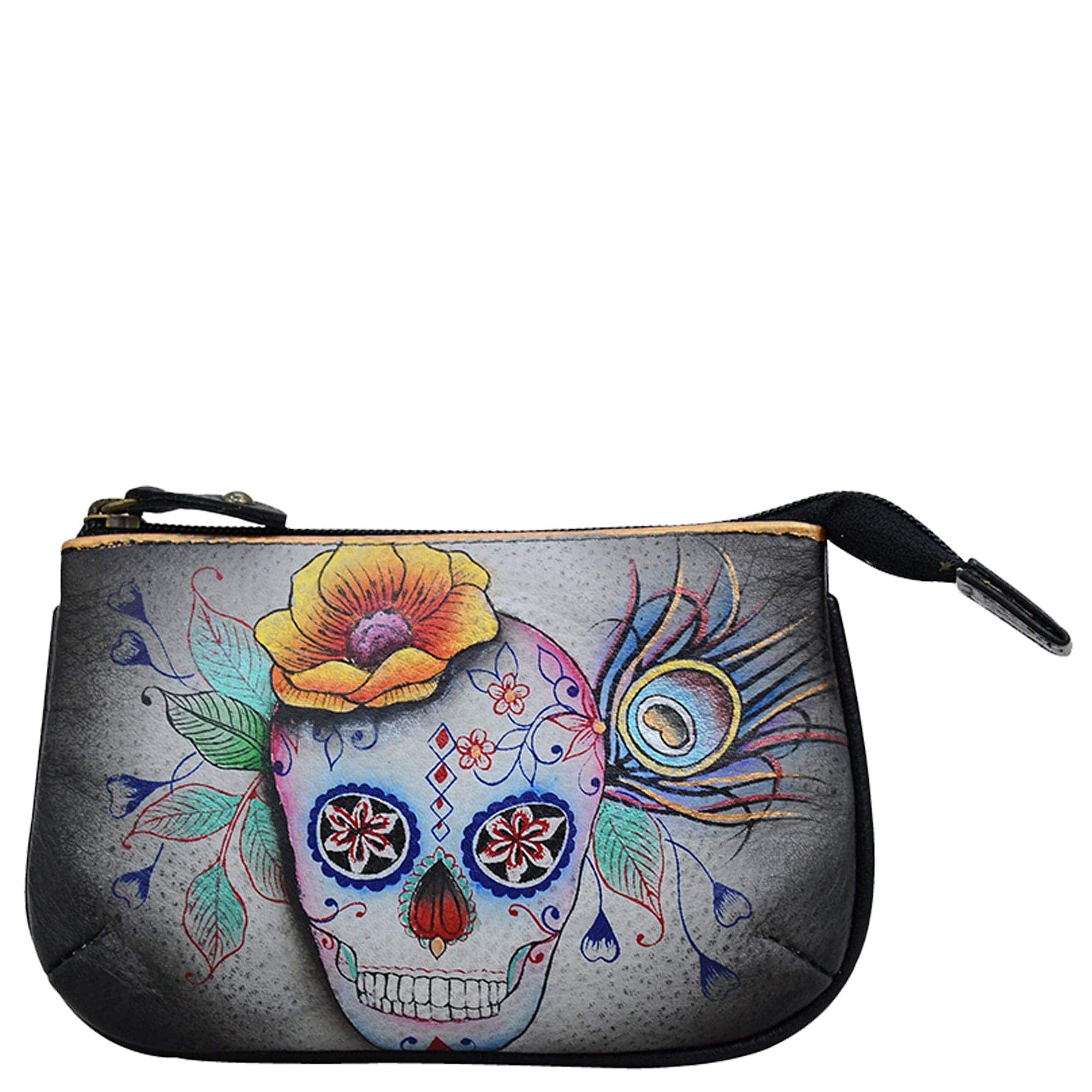 Medium Zip Pouch - 1107 Hand painted original artwork. Genuine leather - Skull