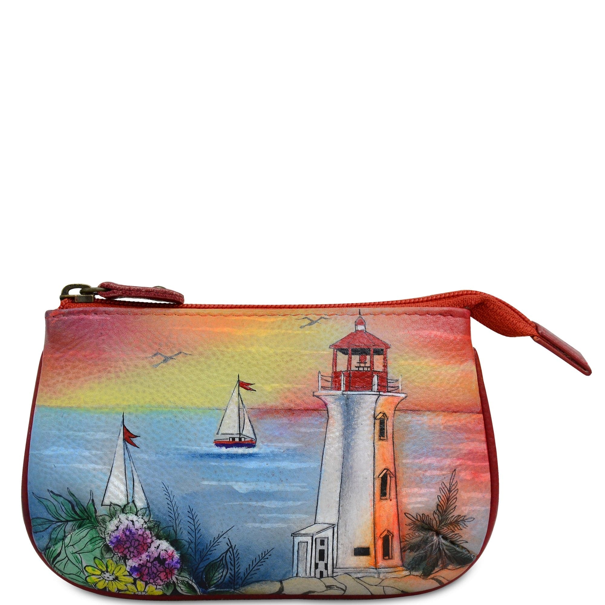 Medium Zip Pouch - 1107 - Hand painted original artwork. Genuine leather - lighthouse