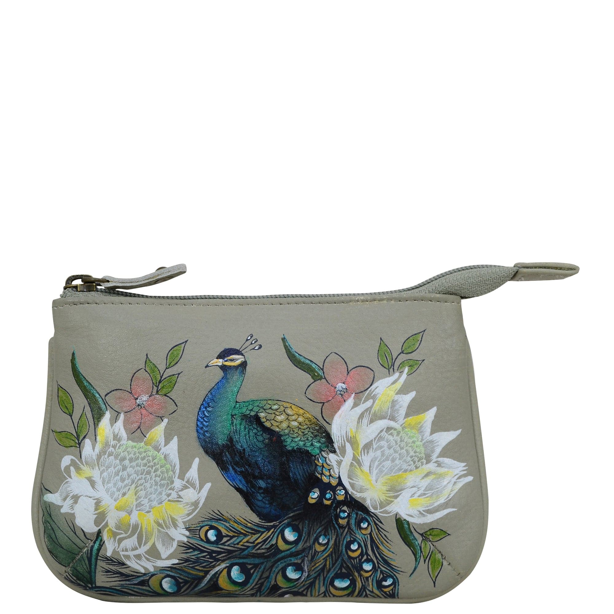 Medium Zip Pouch - 1107 Hand painted original artwork. Genuine leather - Peacock