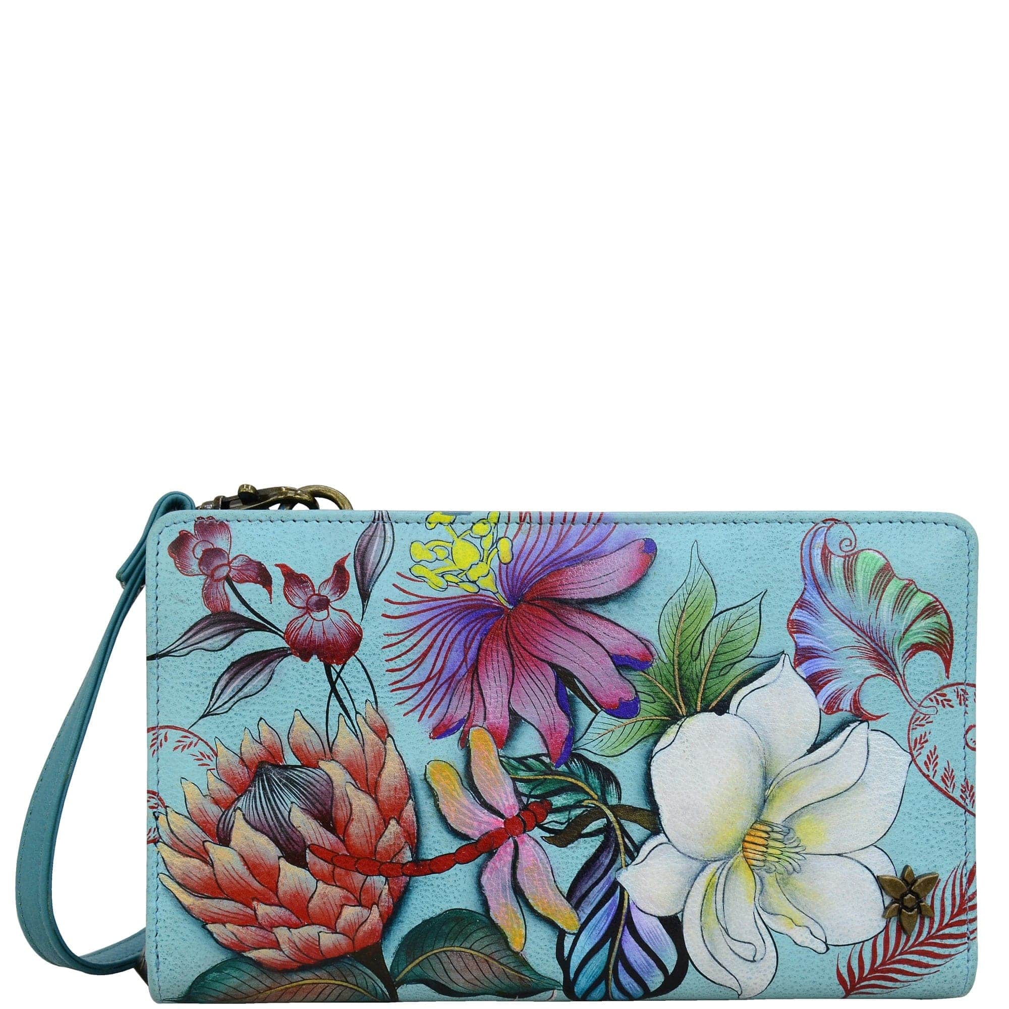 Organizer Wallet Crossbody - 1149 Hand painted original artwork. Genuine leather - Blue Floral