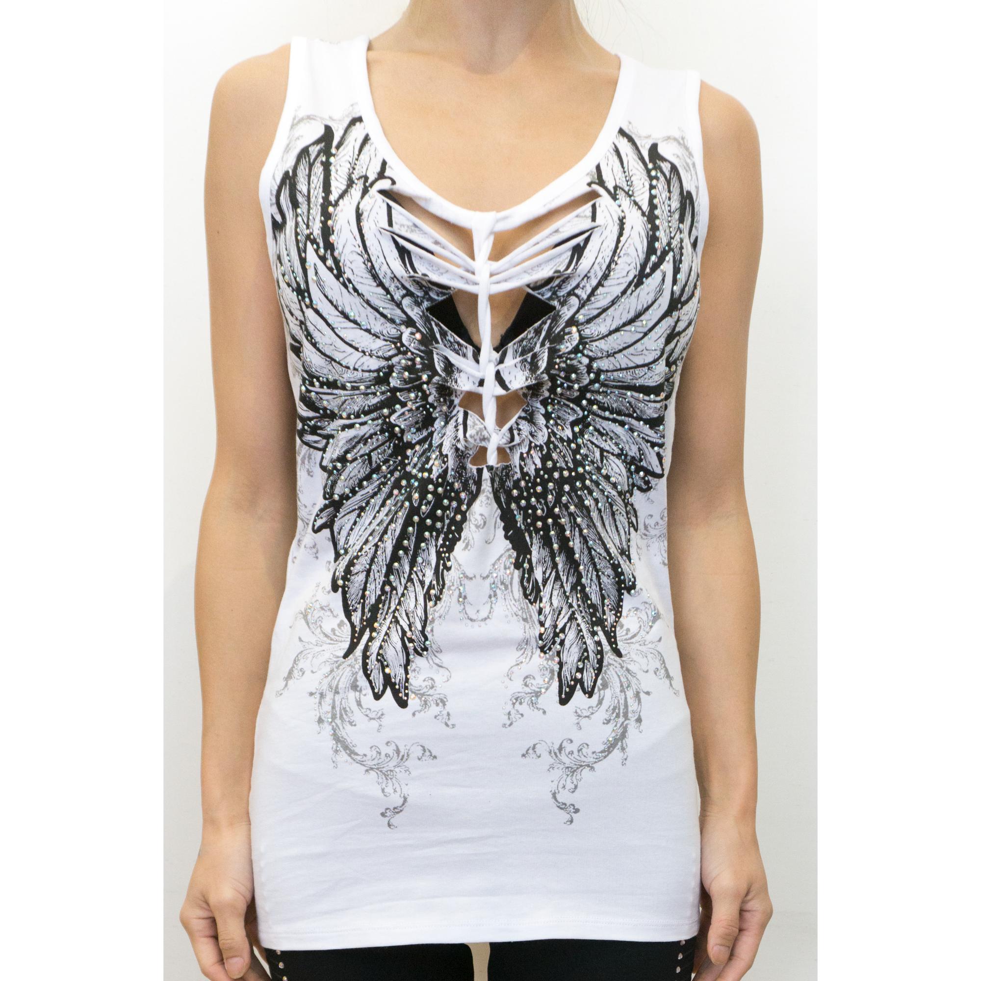2278 Women's Angel Wings White V Neck Top