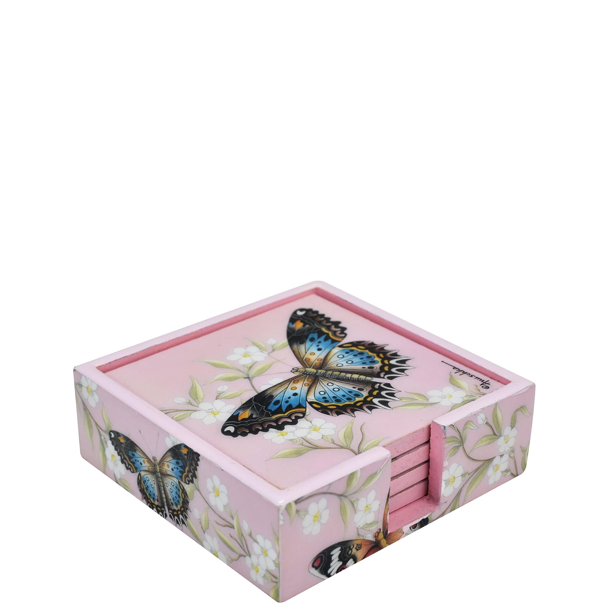 Set of 4 Wooden Printed Square Coasters Made of natural mango wood with enamel inlay - Butterfly