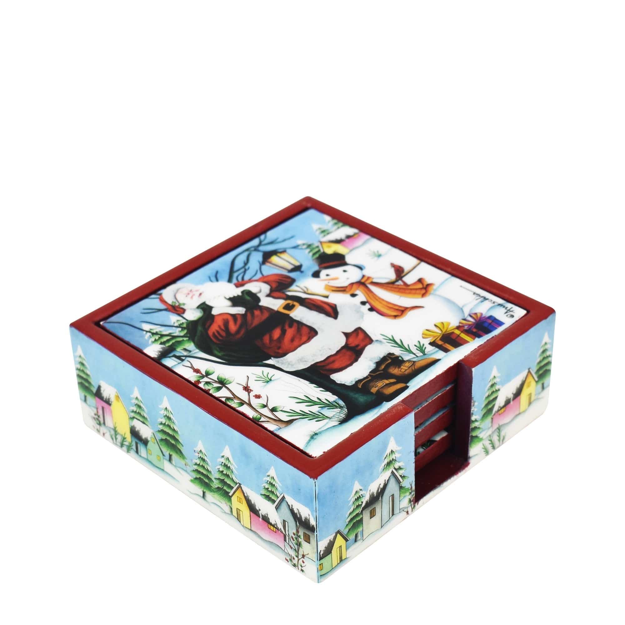 Set of 4 Wooden Printed Square Coasters Made of natural mango wood with enamel inlay - Christmas
