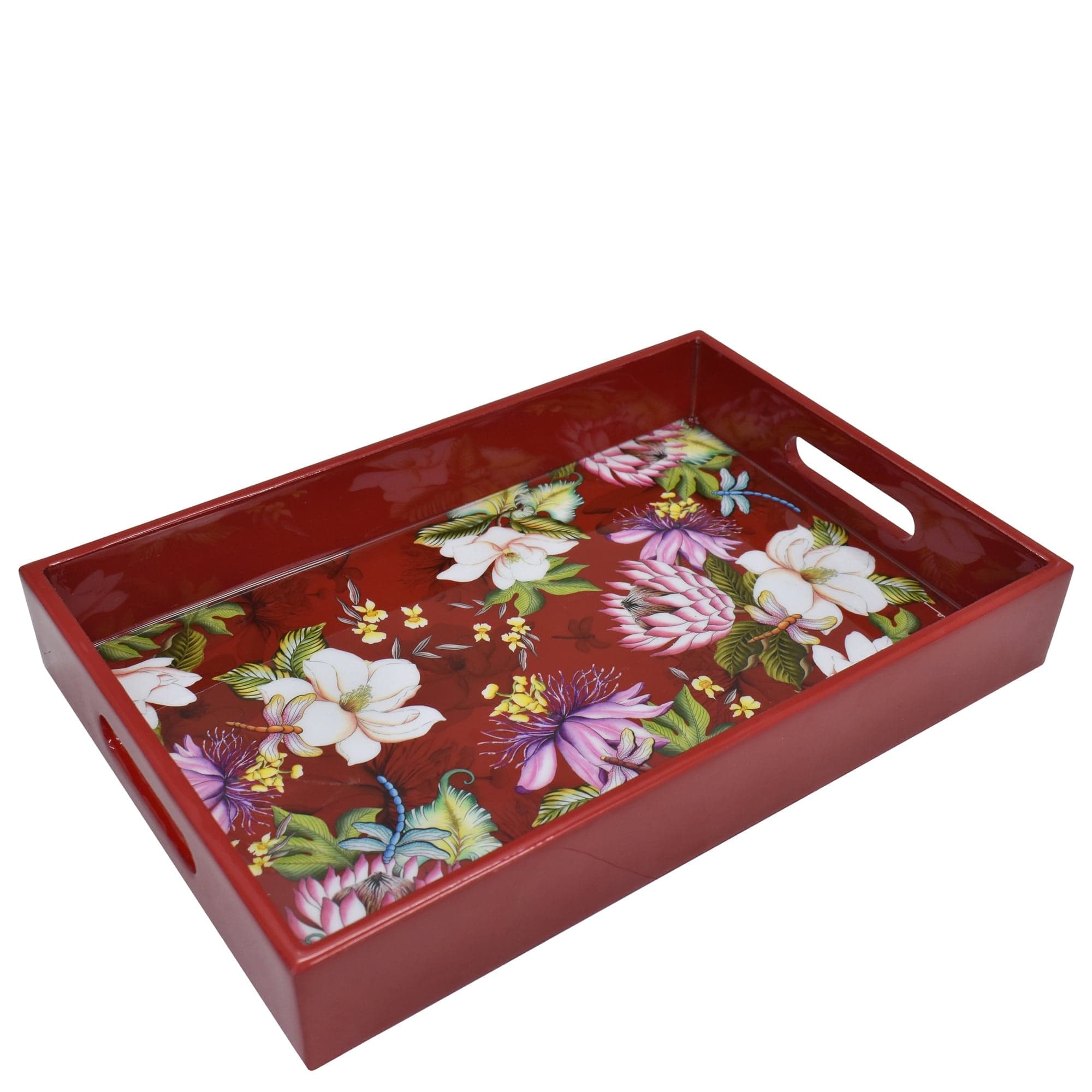 Red Floral - Wooden Printed Serving Tray - Made of natural mango wood with enamel inlay