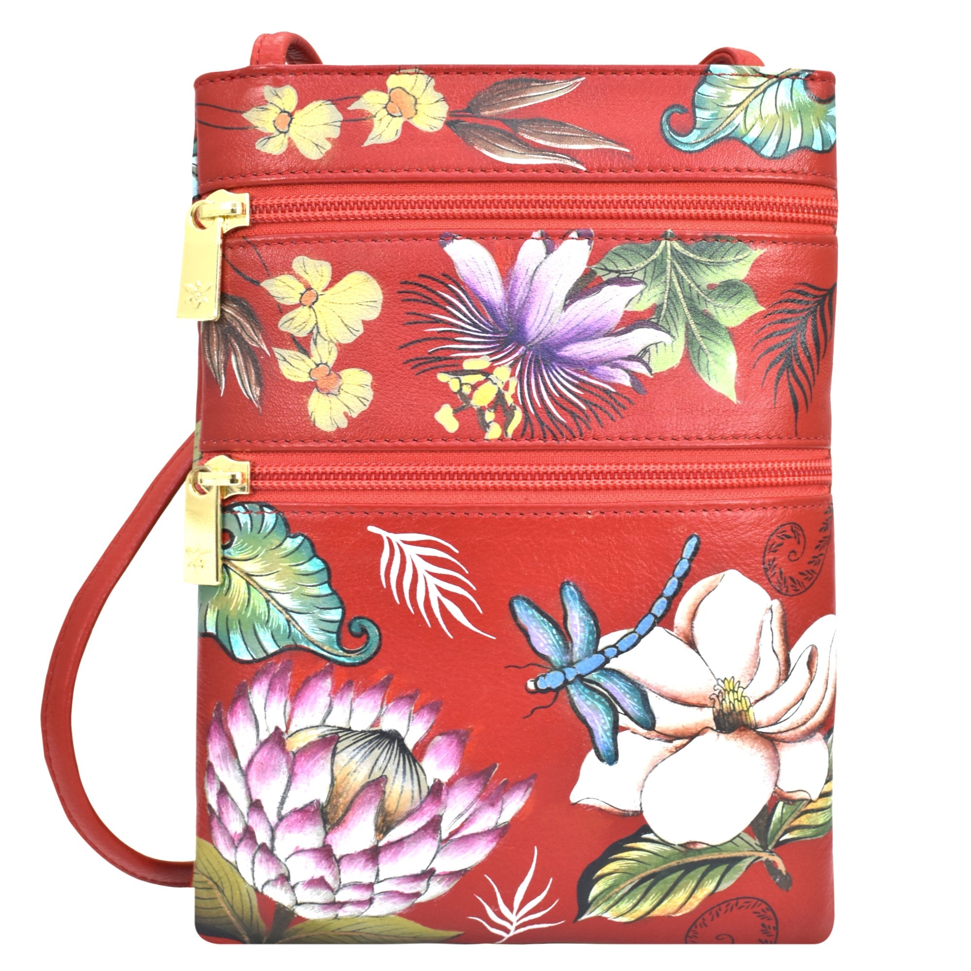 Mini Double Zip Travel Crossbody - 448 Hand painted original artwork. Genuine leather - Floral
