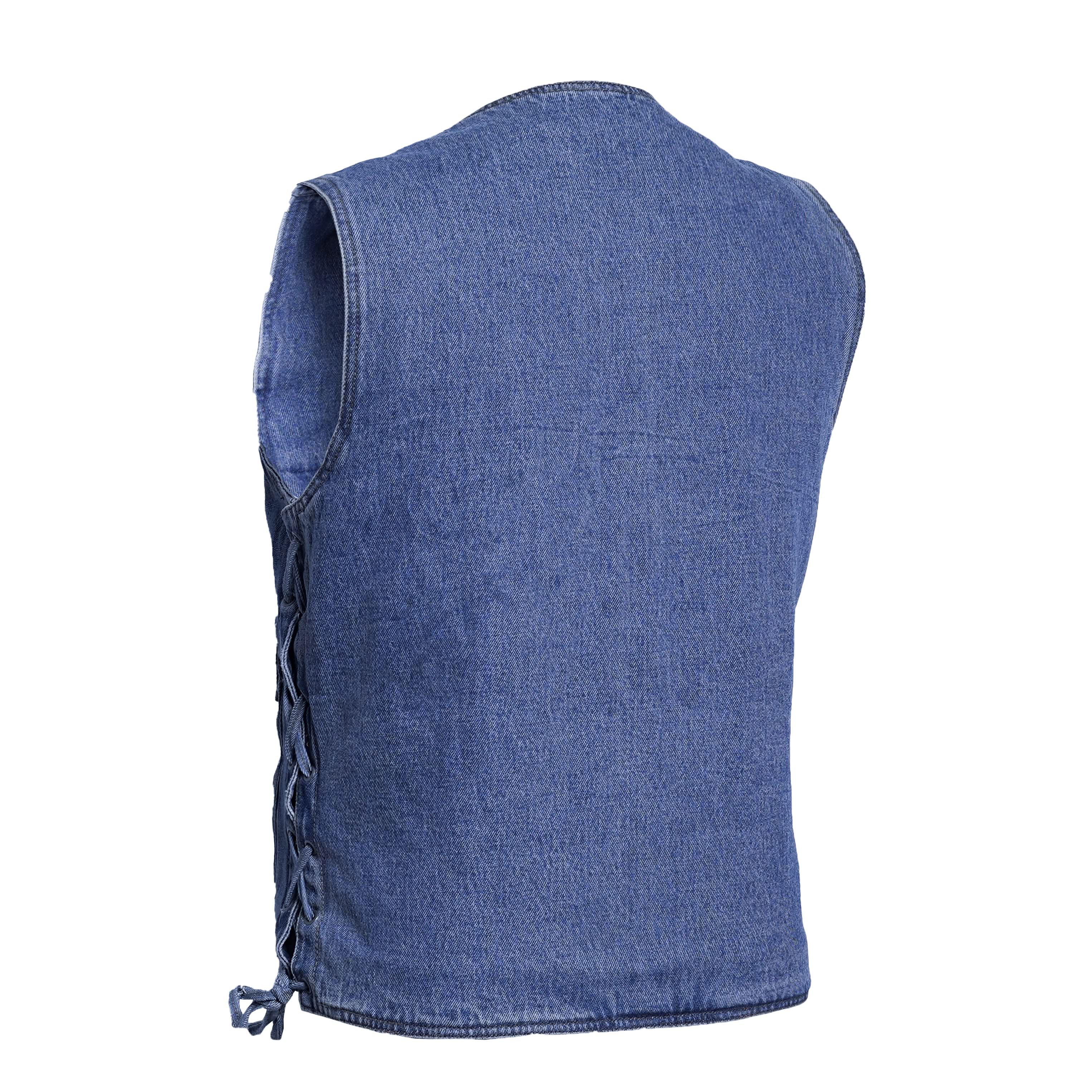 Men's Blue Denim Motorcycle Vest with Lace & Pockets