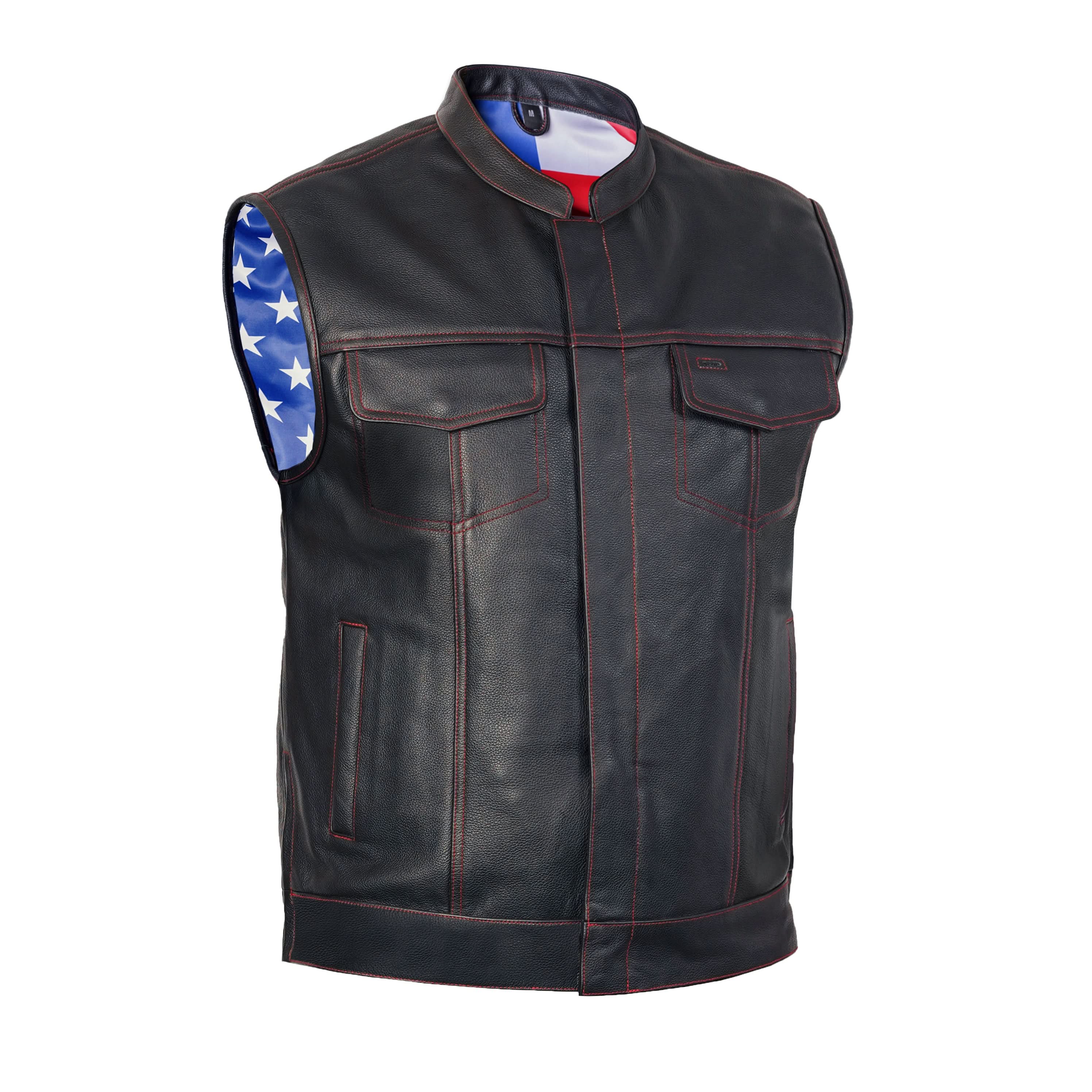 Mens's Leather Motorcycle Vest with Scoop Collar & USA Flag