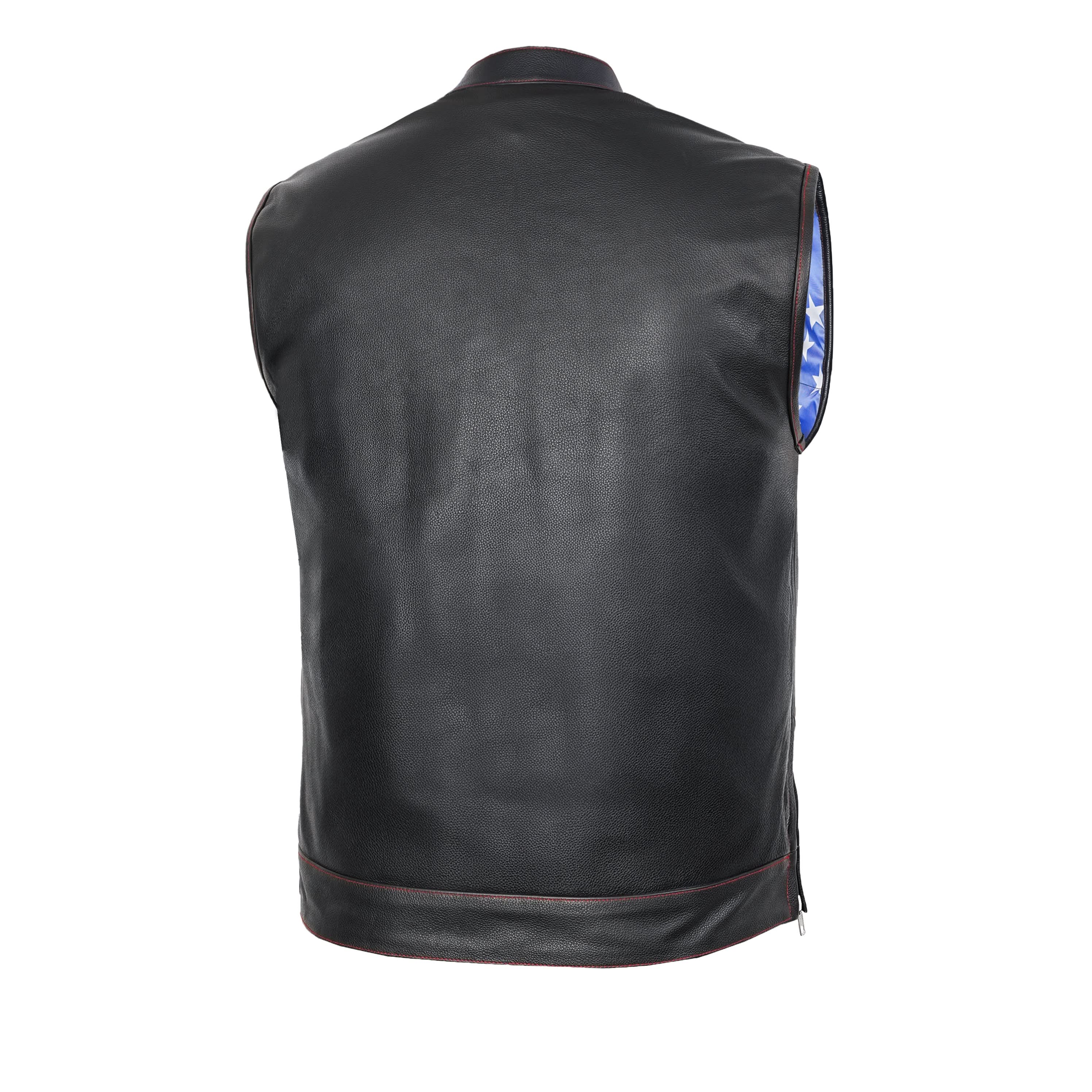 Mens's Leather Motorcycle Vest with Scoop Collar & USA Flag