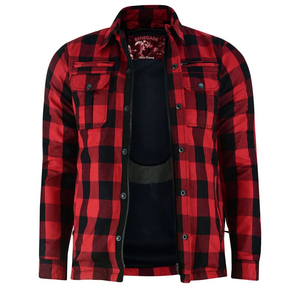 Alpha Check Men's  Armored Motorcycle Flannel Shirt - Red/Black