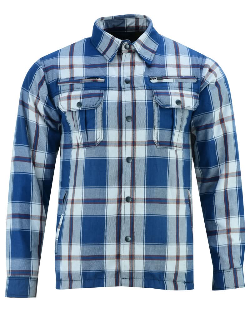 Alpha Check Men's  Armored Motorcycle Flannel Shirt - Blue/White/Maroon