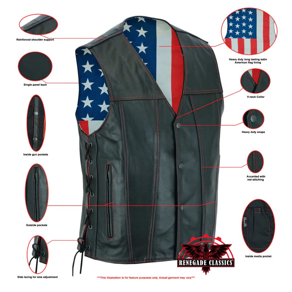 Men's Honor Ride Black Leather Motorcycle with Vest Red Stitching