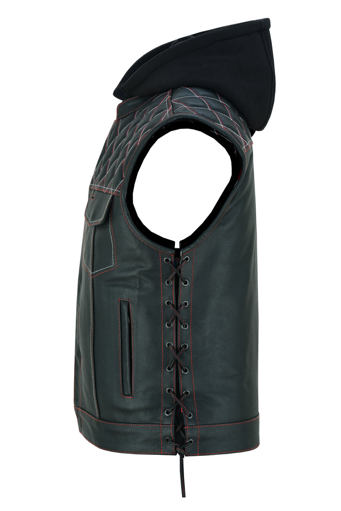 Men's Road Edge Leather Black Vest – Removable Hood