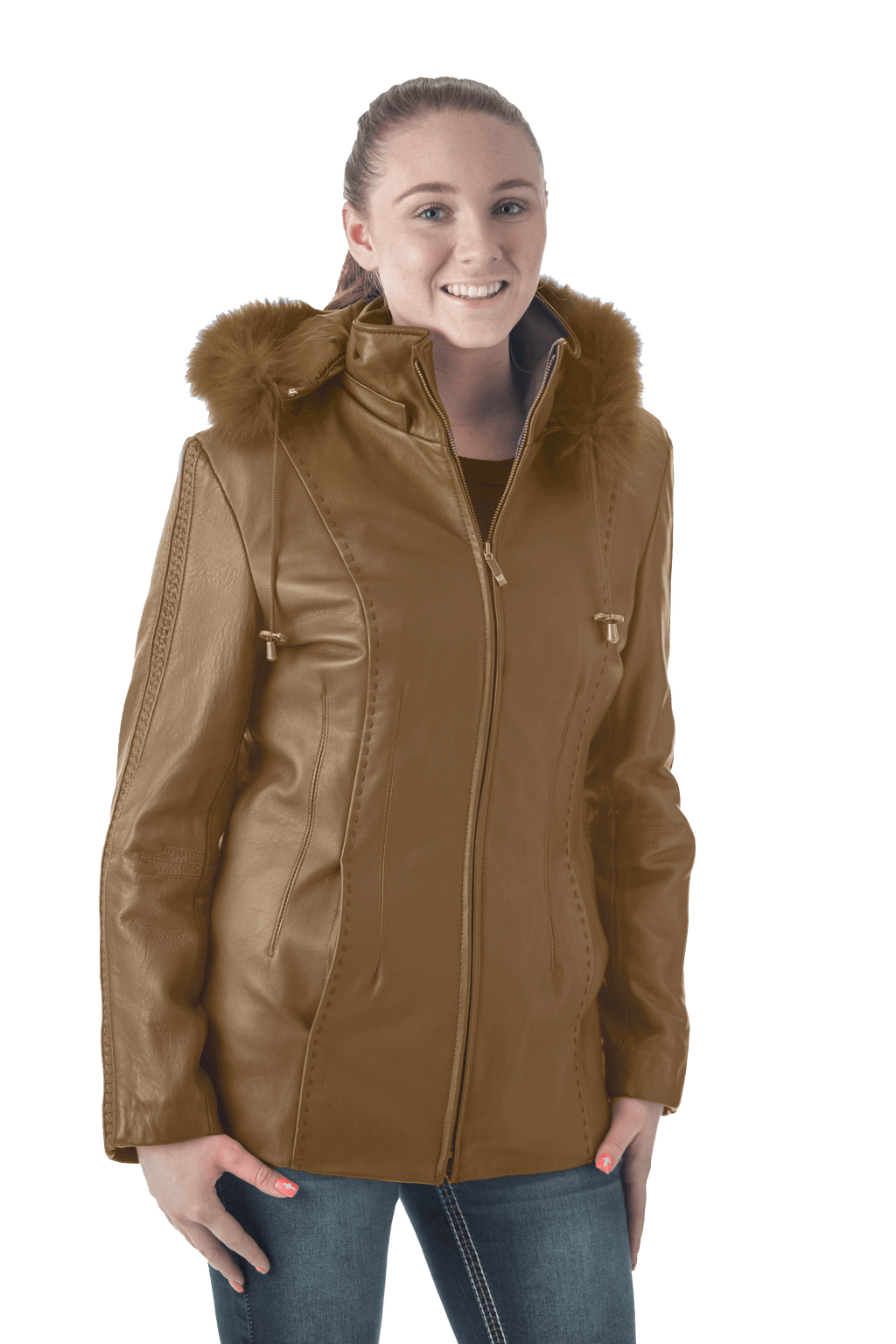 Women's 28" Fox Trimmed Detachable Hood & Braided Leather Trim - Imported