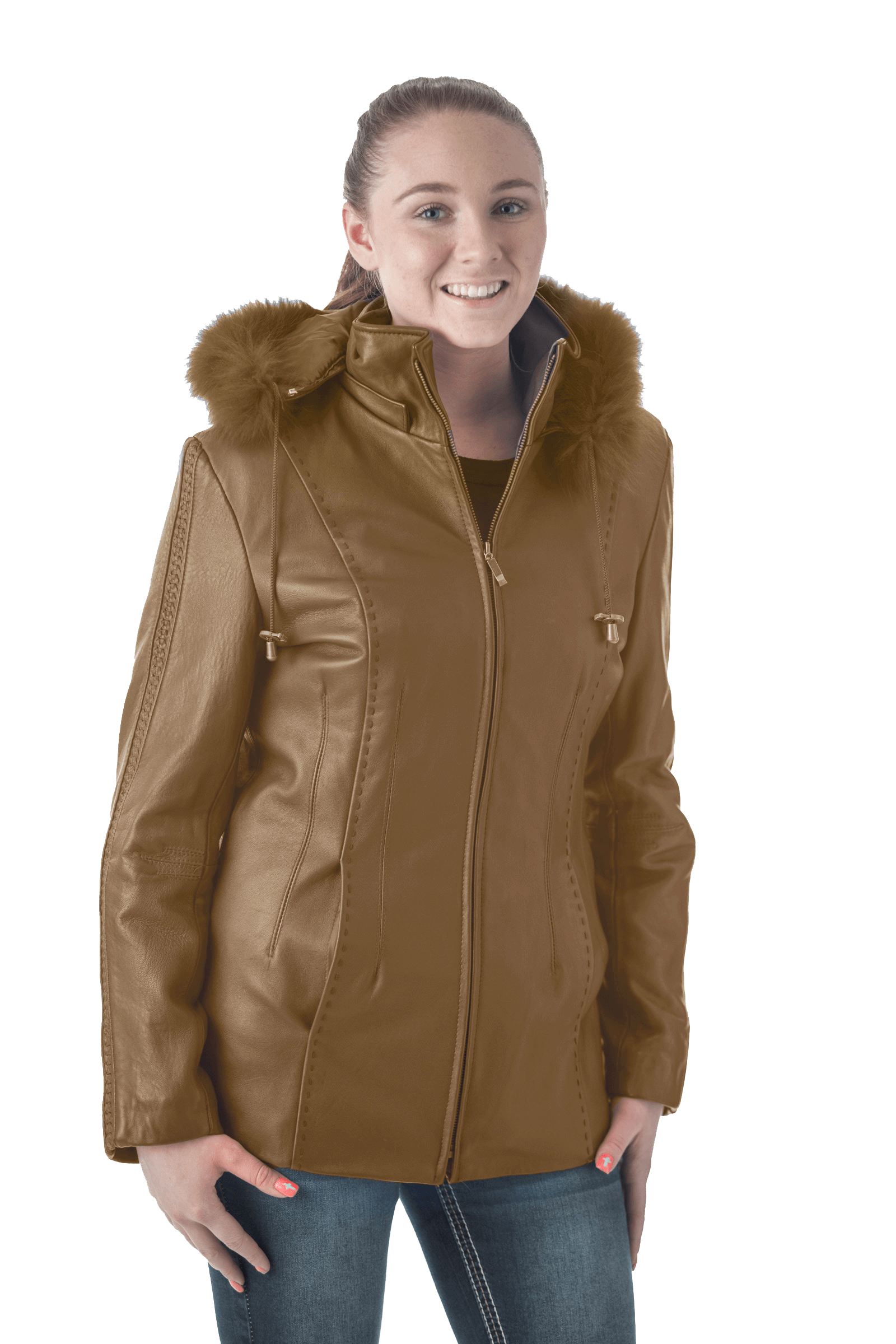 Women's 28" Fox Trimmed Detachable Hood & Braided Leather Trim - Imported