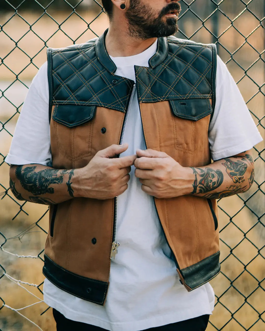 Hunt Club Motorcycle Leather Canvas Vest