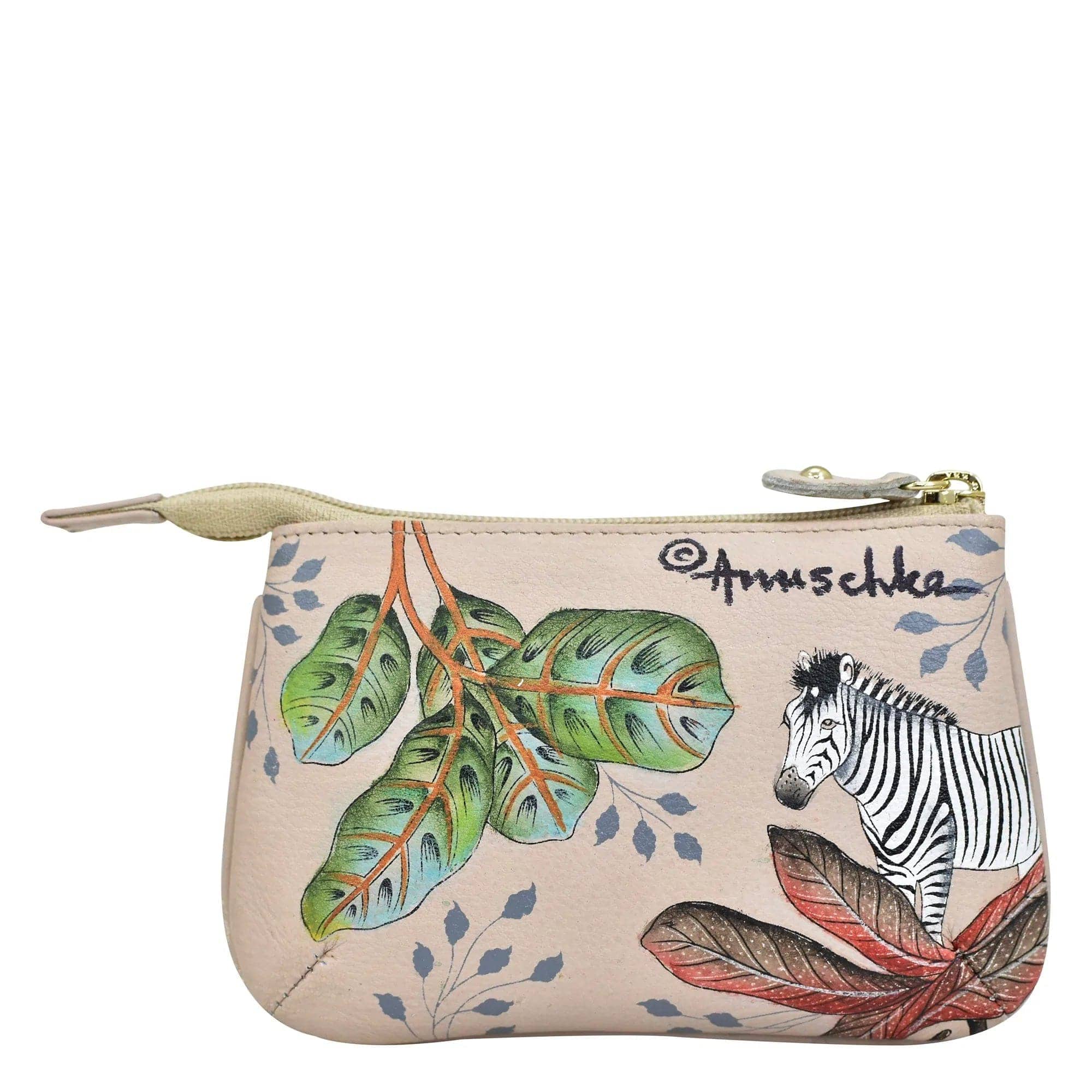 Medium Zip Pouch - 1107 tan animal Hand painted original artwork. Genuine leather