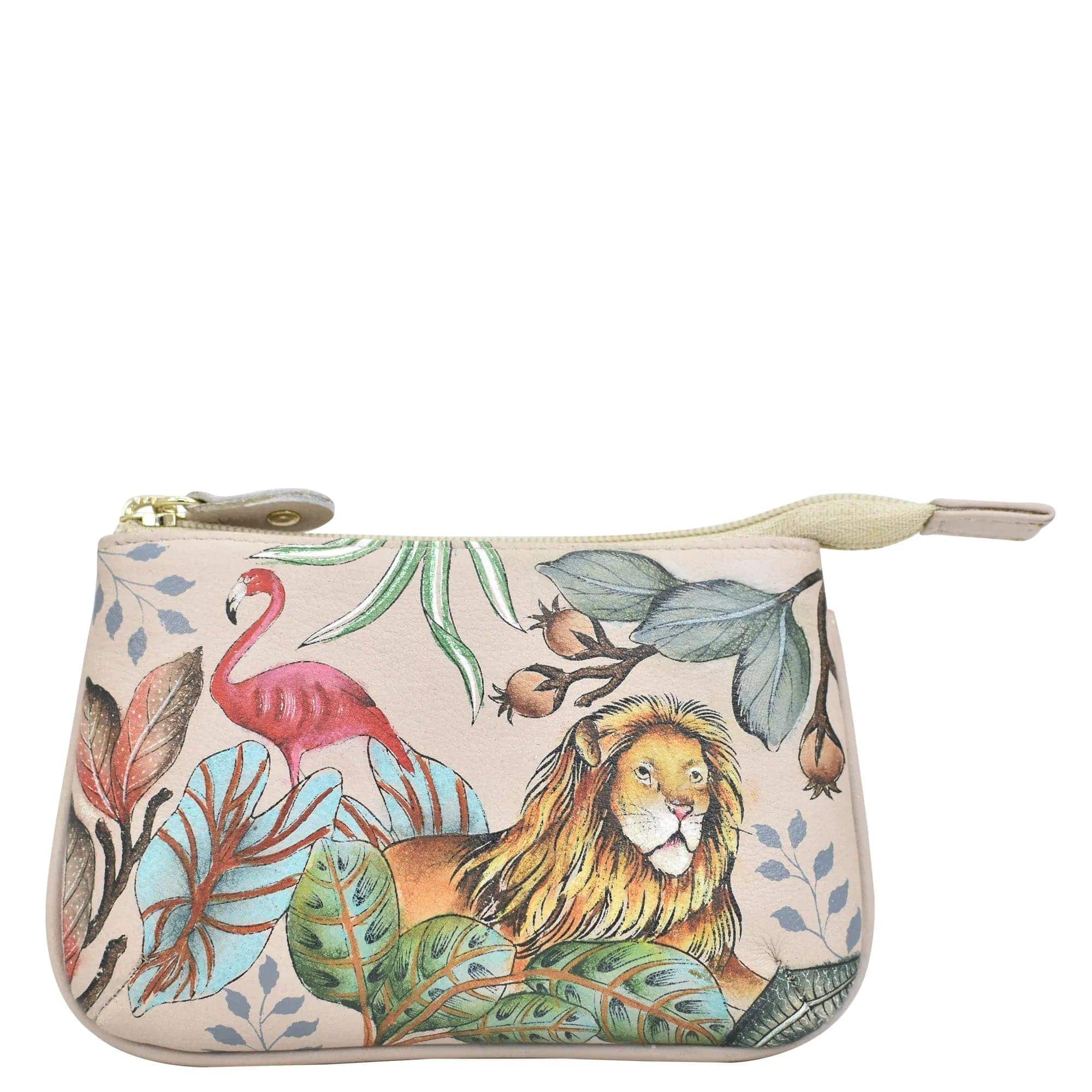 Medium Zip Pouch - 1107 tan animal Hand painted original artwork. Genuine leather