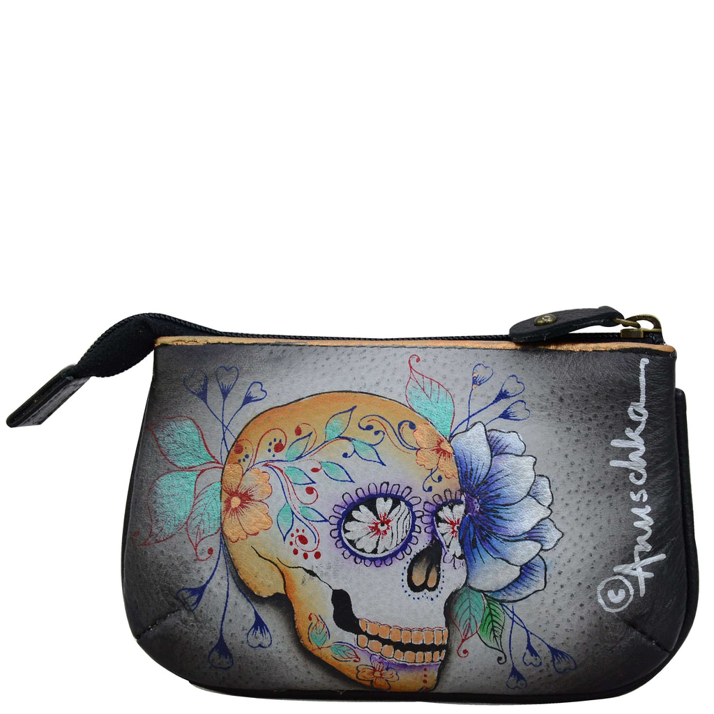 Medium Zip Pouch - 1107 Hand painted original artwork. Genuine leather - Skull