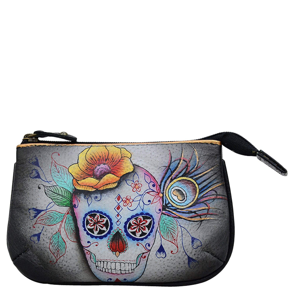 Medium Zip Pouch - 1107 Hand painted original artwork. Genuine leather - Skull
