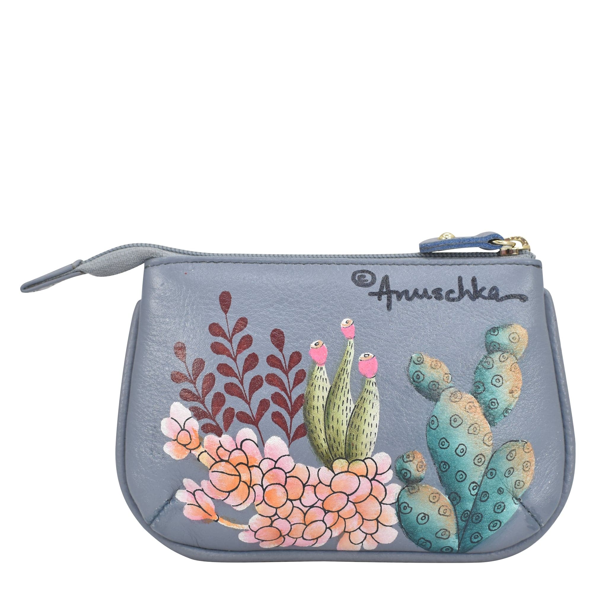 Medium Zip Pouch - 1107 - floral Hand painted original artwork. Genuine leather