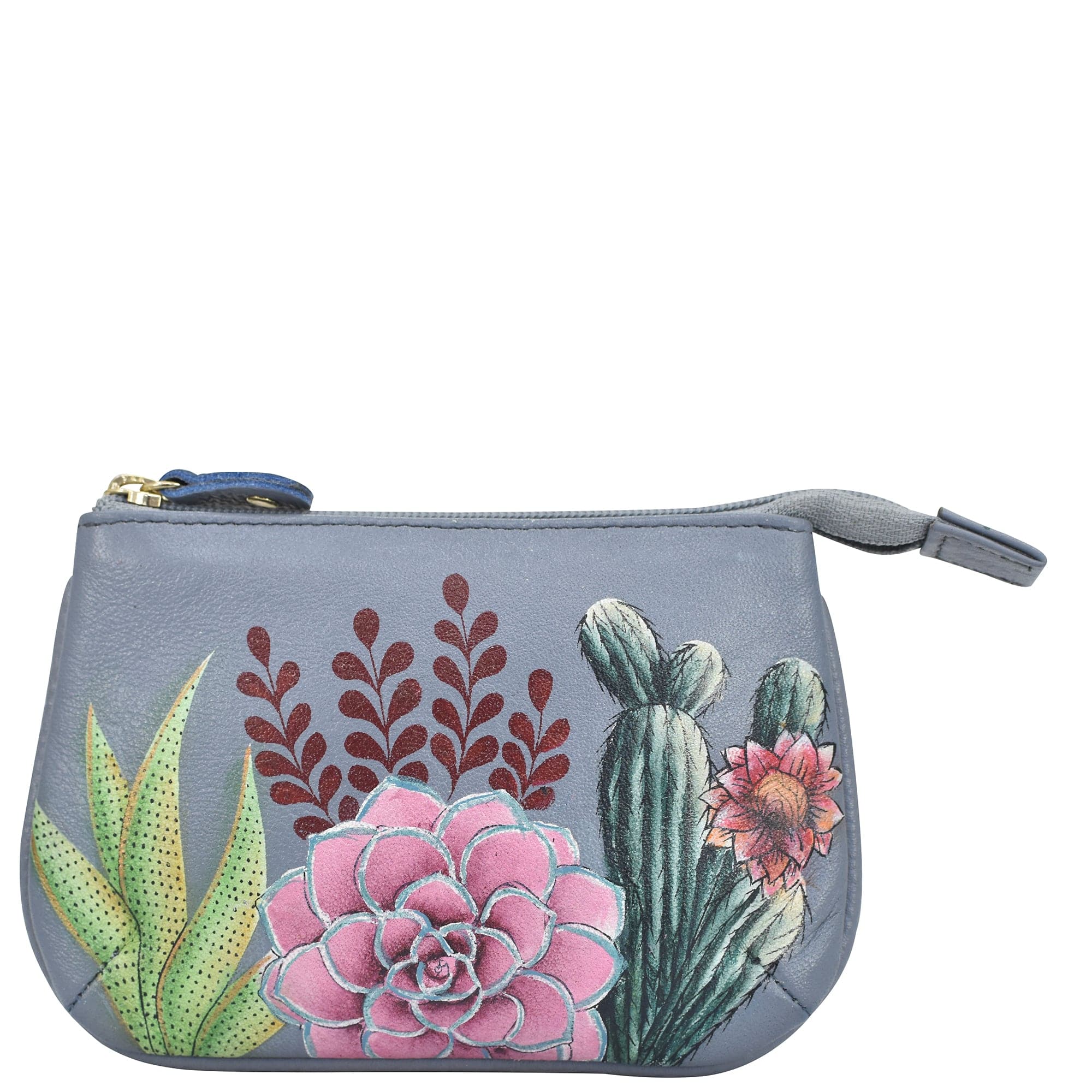 Medium Zip Pouch - 1107 - floral Hand painted original artwork. Genuine leather