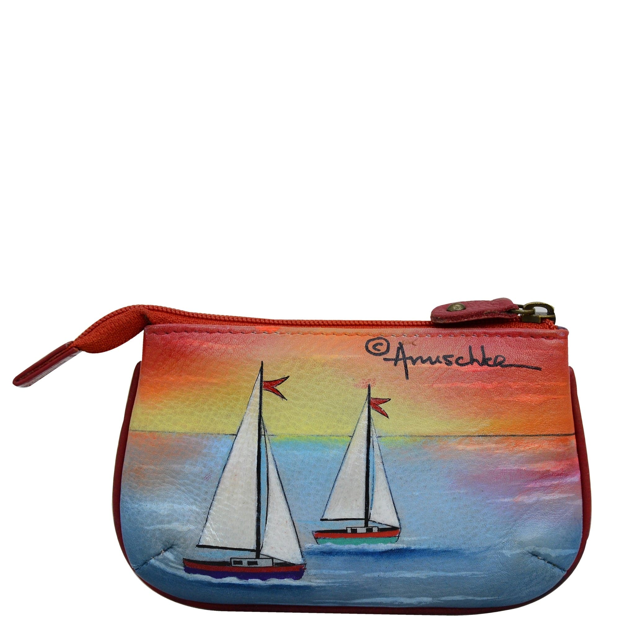 Medium Zip Pouch - 1107 - Hand painted original artwork. Genuine leather - lighthouse