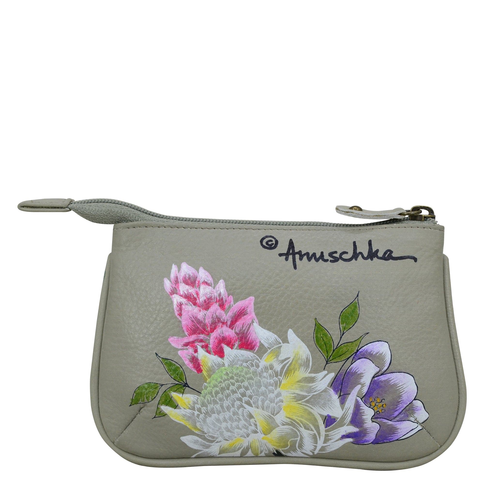 Medium Zip Pouch - 1107 Hand painted original artwork. Genuine leather - Peacock