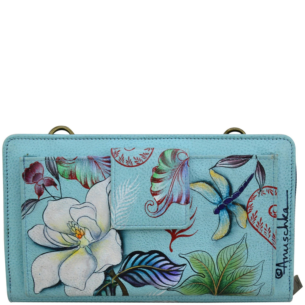 Organizer Wallet Crossbody - 1149 Hand painted original artwork. Genuine leather - Blue Floral