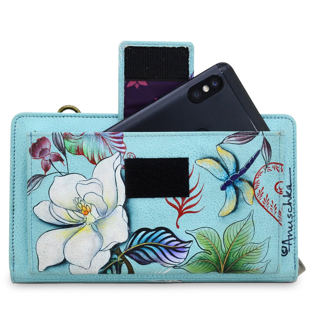Organizer Wallet Crossbody - 1149 Hand painted original artwork. Genuine leather - Blue Floral