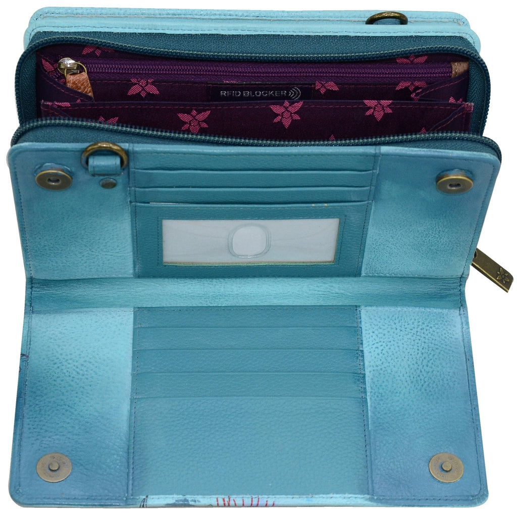 Organizer Wallet Crossbody - 1149 Hand painted original artwork. Genuine leather - Blue Floral