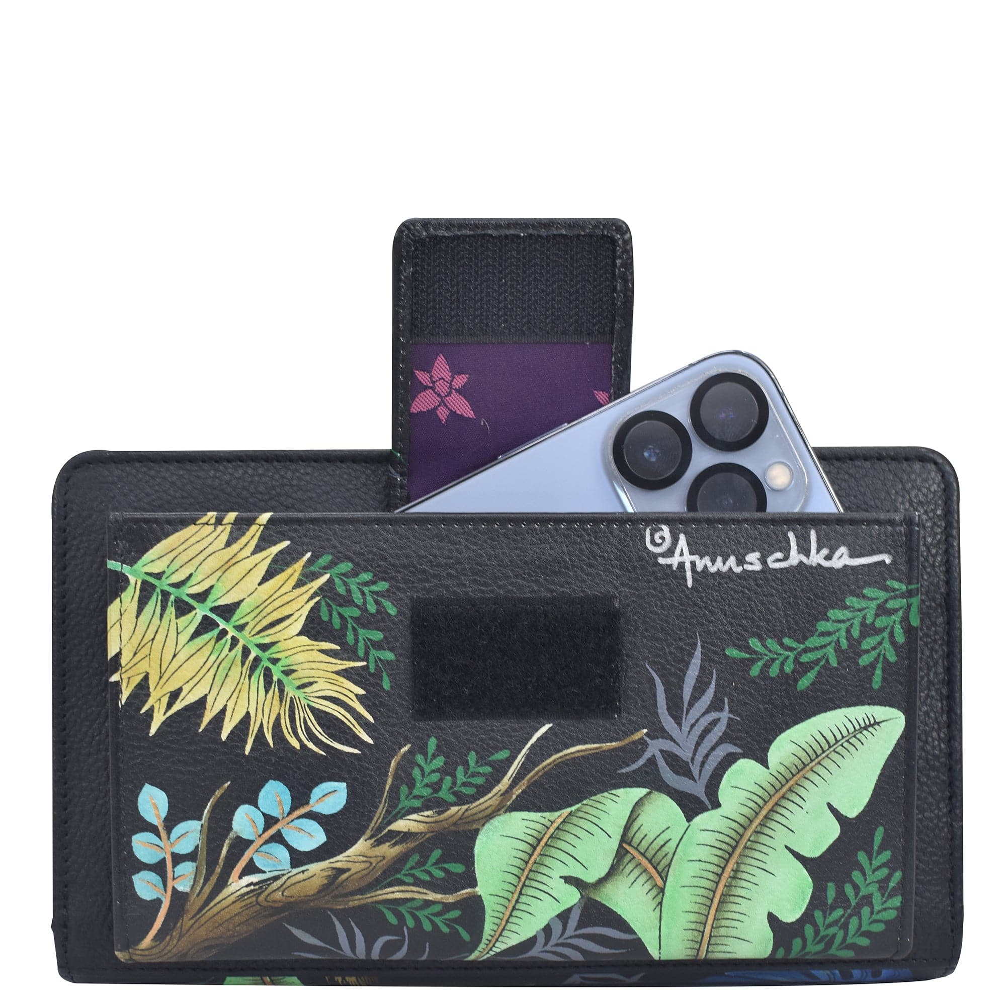Organizer Wallet Crossbody - 1149 Hand painted original artwork. Genuine leather - Birds