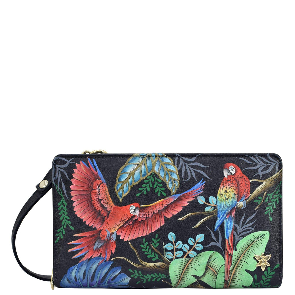 Organizer Wallet Crossbody - 1149 Hand painted original artwork. Genuine leather - Birds
