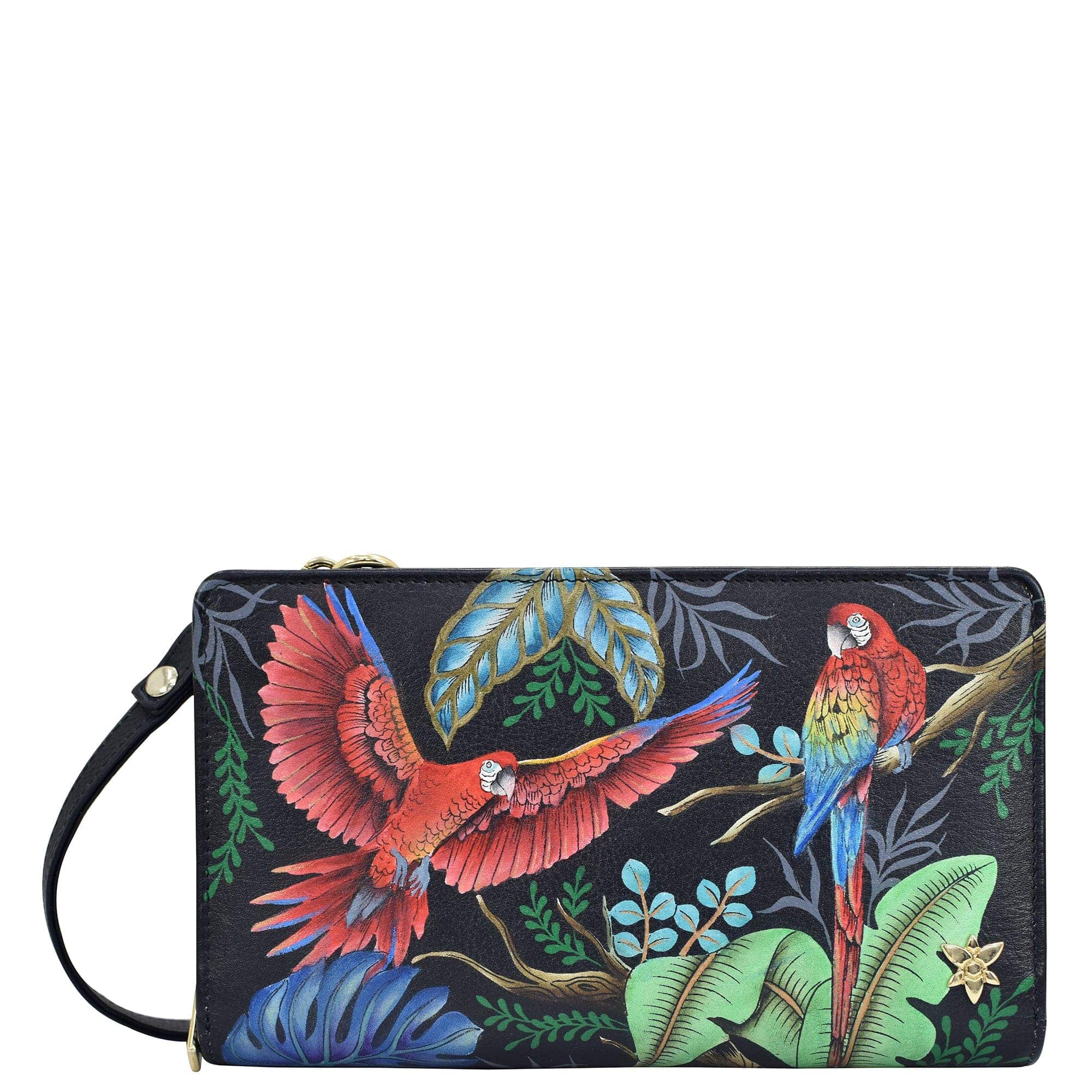 Organizer Wallet Crossbody - 1149 Hand painted original artwork. Genuine leather - Birds