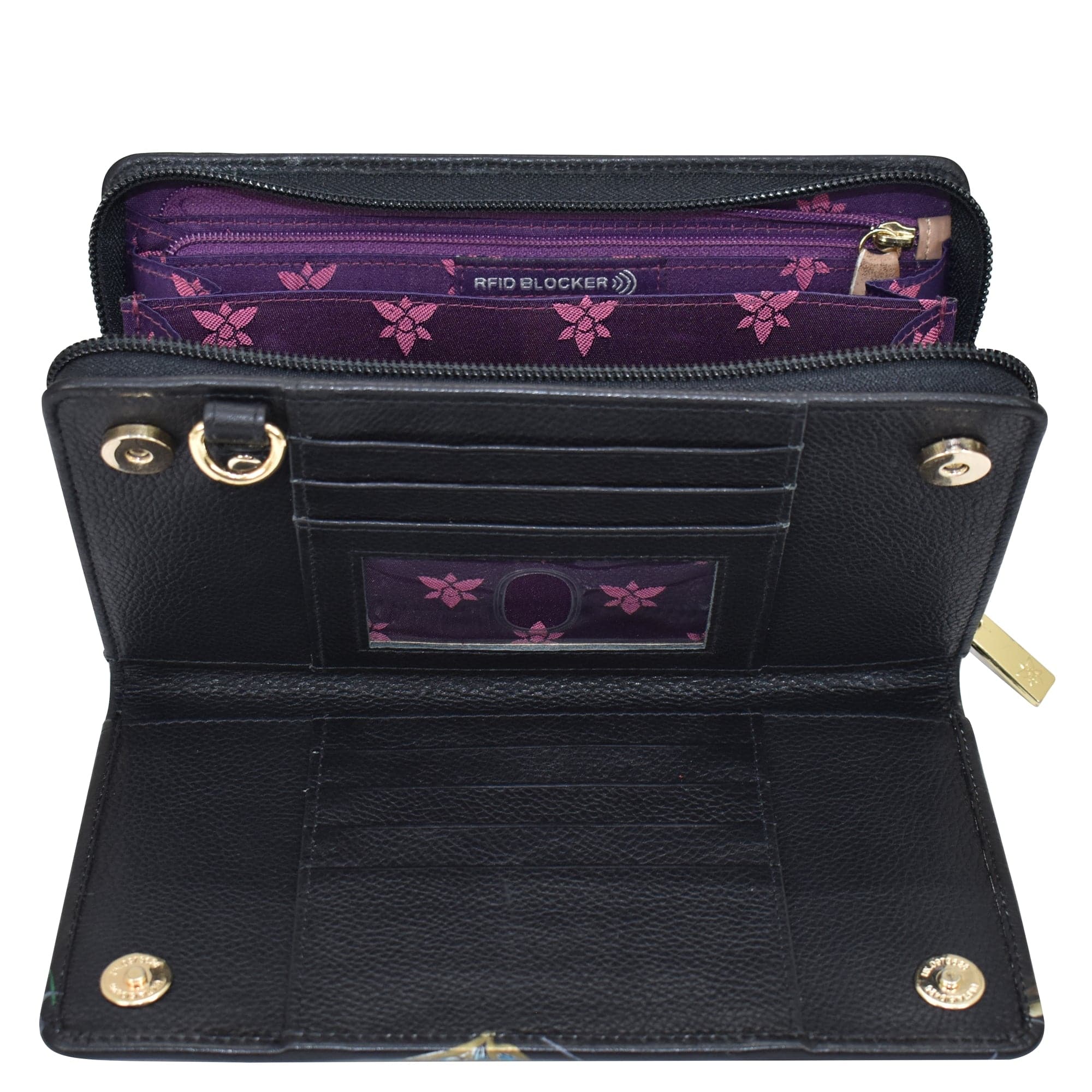 Organizer Wallet Crossbody - 1149 Hand painted original artwork. Genuine leather - Birds