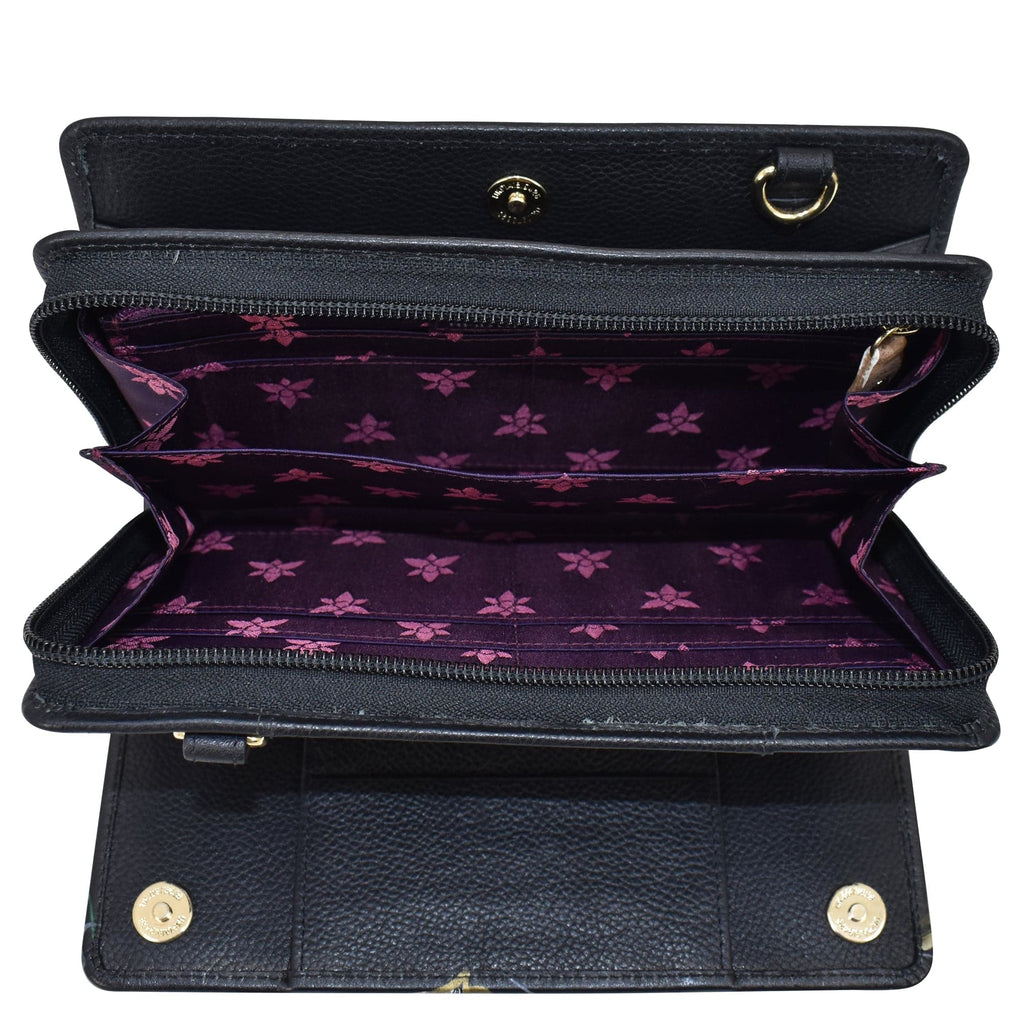 Organizer Wallet Crossbody - 1149 Hand painted original artwork. Genuine leather - Birds