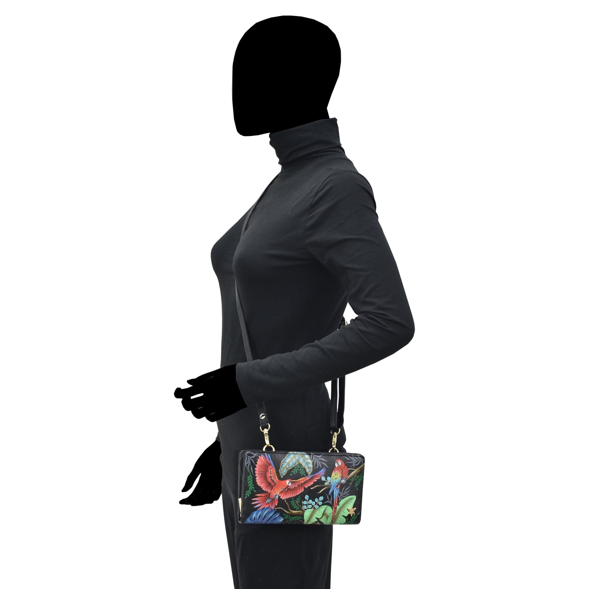 Organizer Wallet Crossbody - 1149 Hand painted original artwork. Genuine leather - Birds