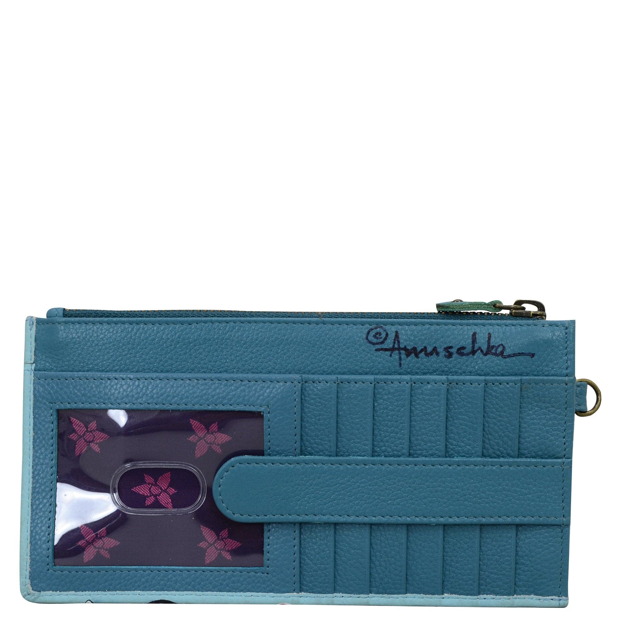 Clutch Organizer Wristlet - 1151 Hand painted original artwork. Genuine leather - blue floral