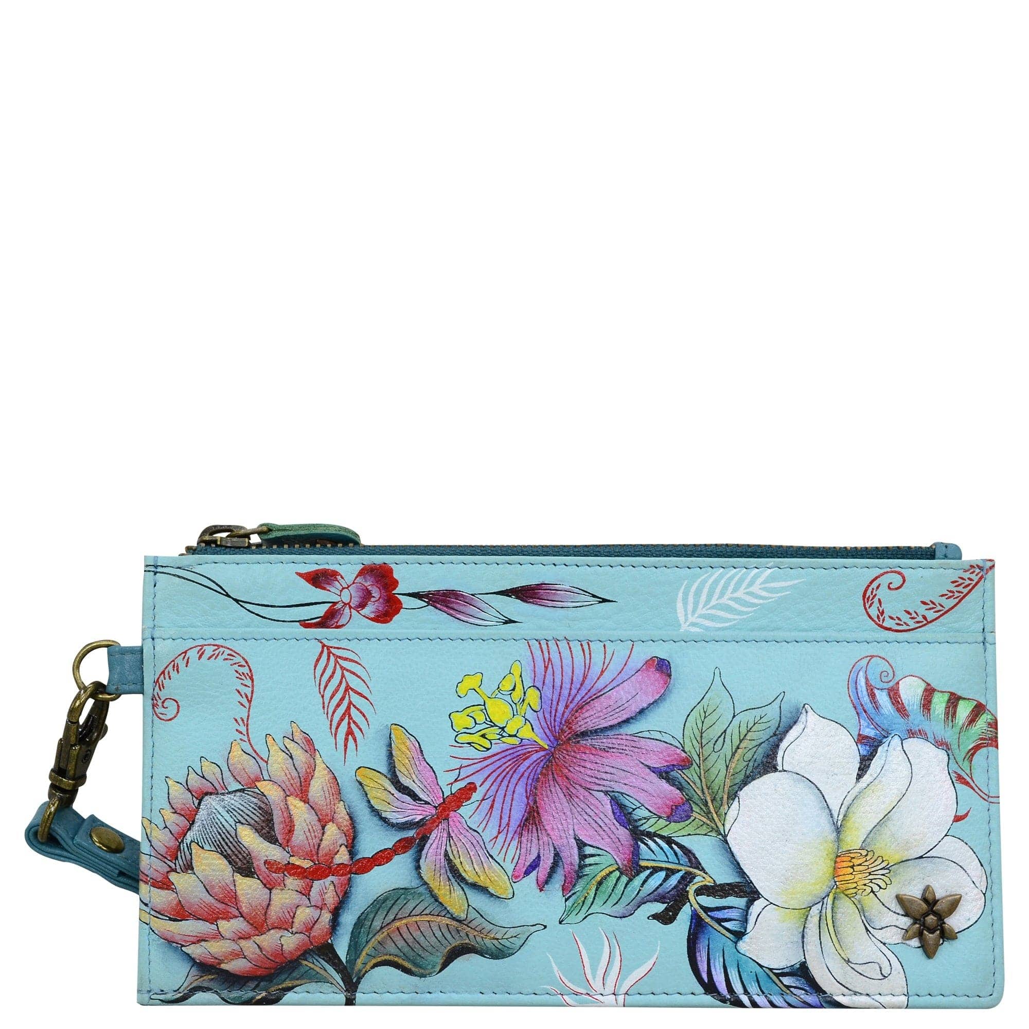 Clutch Organizer Wristlet - 1151 Hand painted original artwork. Genuine leather - blue floral