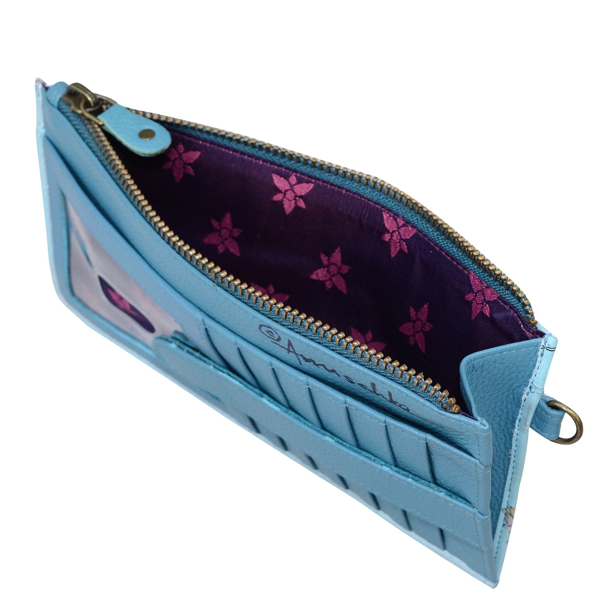 Clutch Organizer Wristlet - 1151 Hand painted original artwork. Genuine leather - blue floral