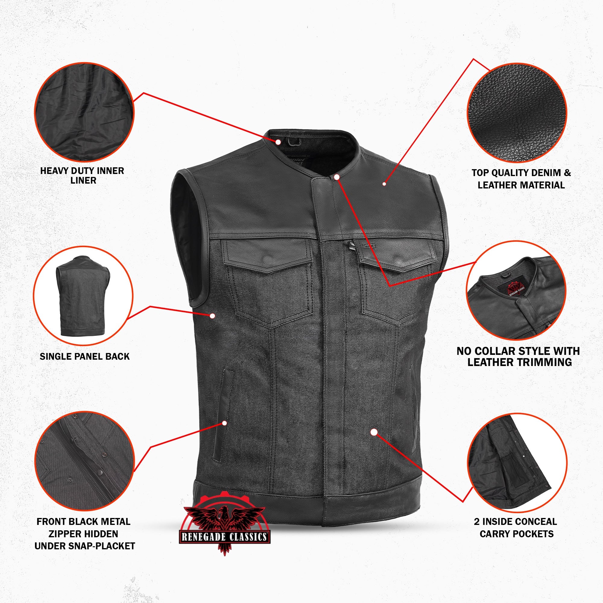 Men's Leather-Denim Combo Motorcycle  Vest - No Collar