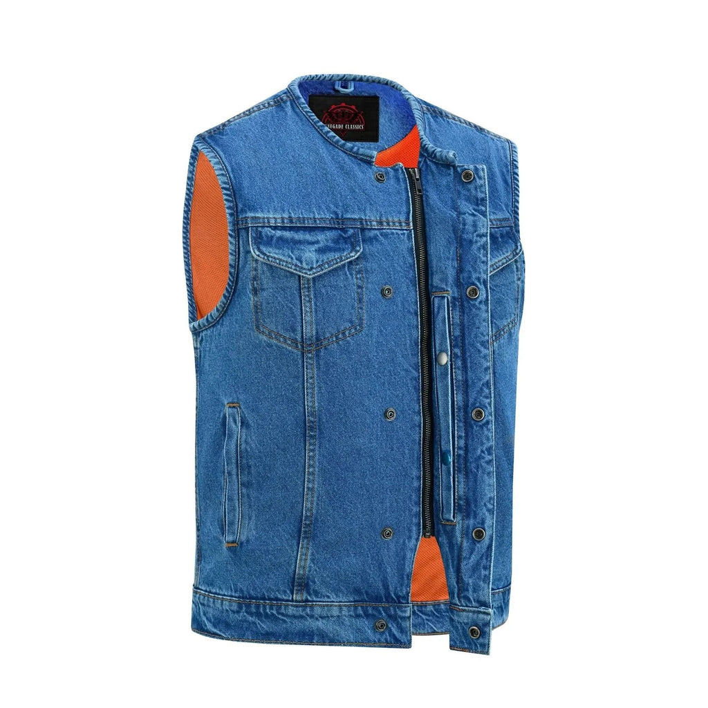 Mens Blue Denim Motorcycle Vest with Concealed Snaps & Zipper