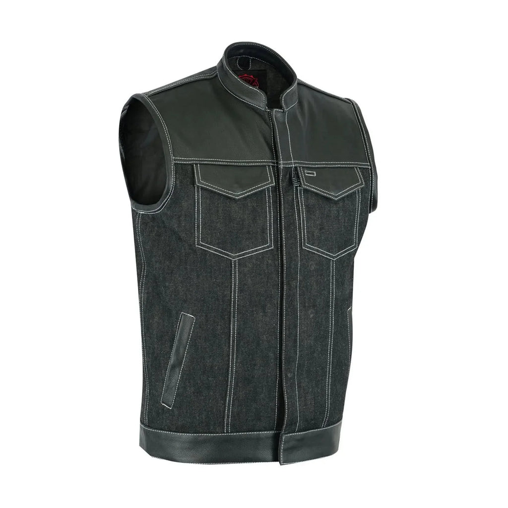 Men's Leather-Denim Combo Motorcycle Vest w/ Scoop Collar
