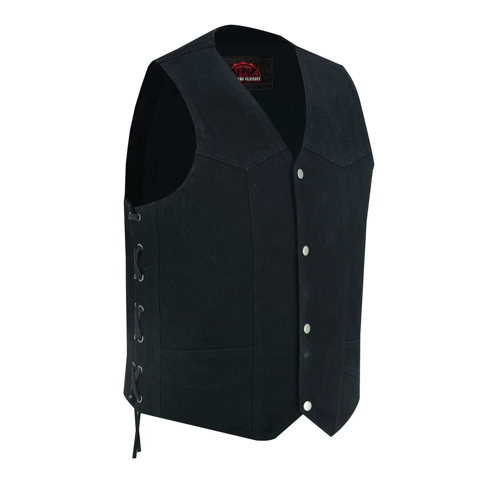 Men's Traditional Denim Motorcycle Vest with Side Laces – Smart Access Pockets