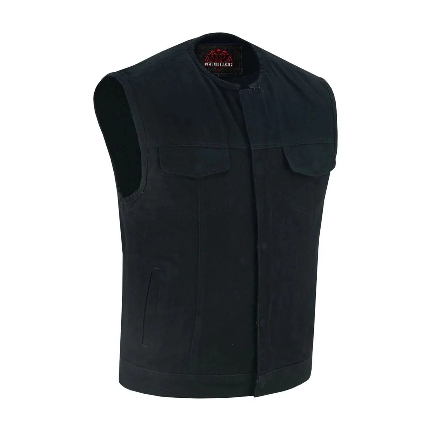 Mens Black Denim Motorcycle Vest with Concealed Snaps & Zipper