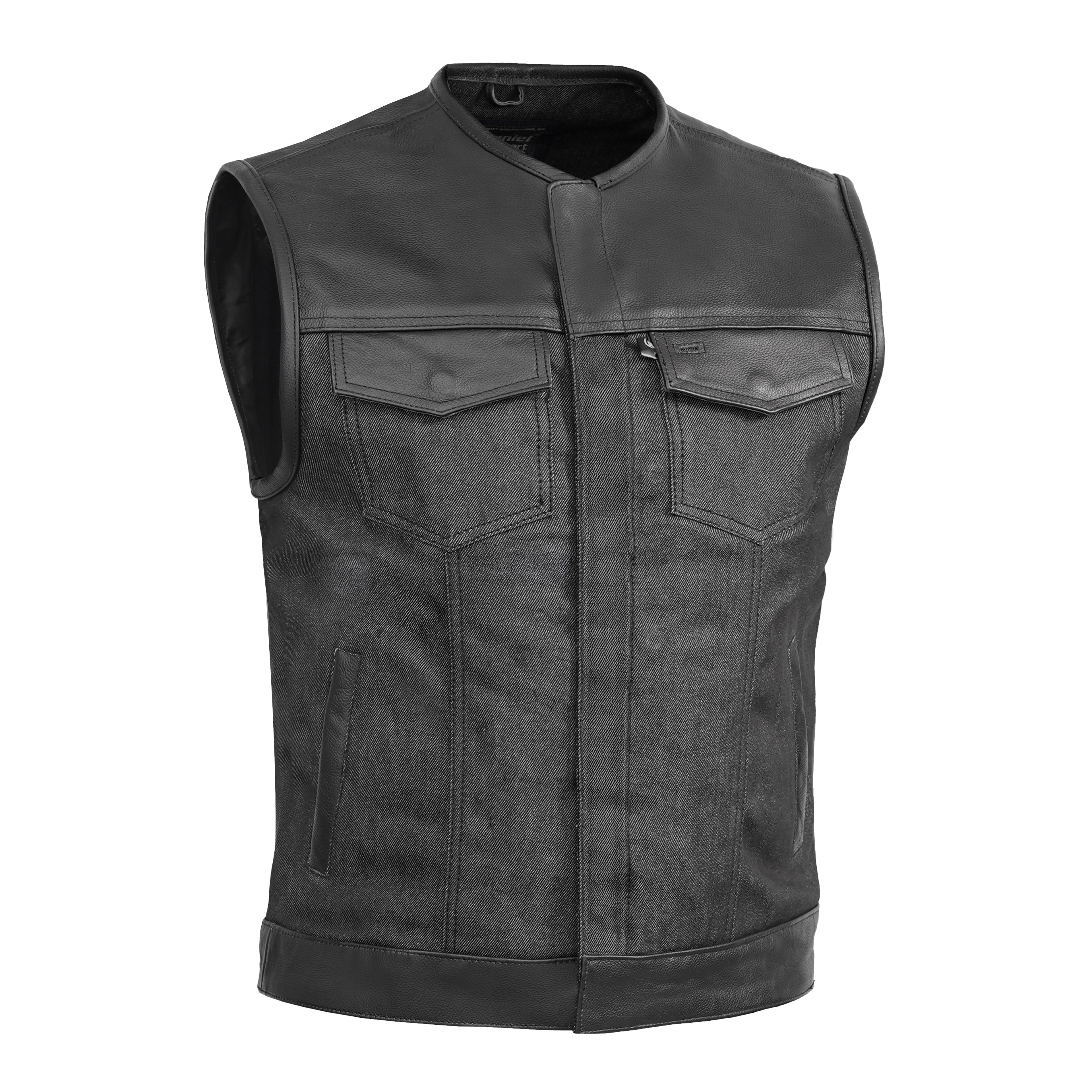 Men's Leather-Denim Combo Motorcycle  Vest - No Collar