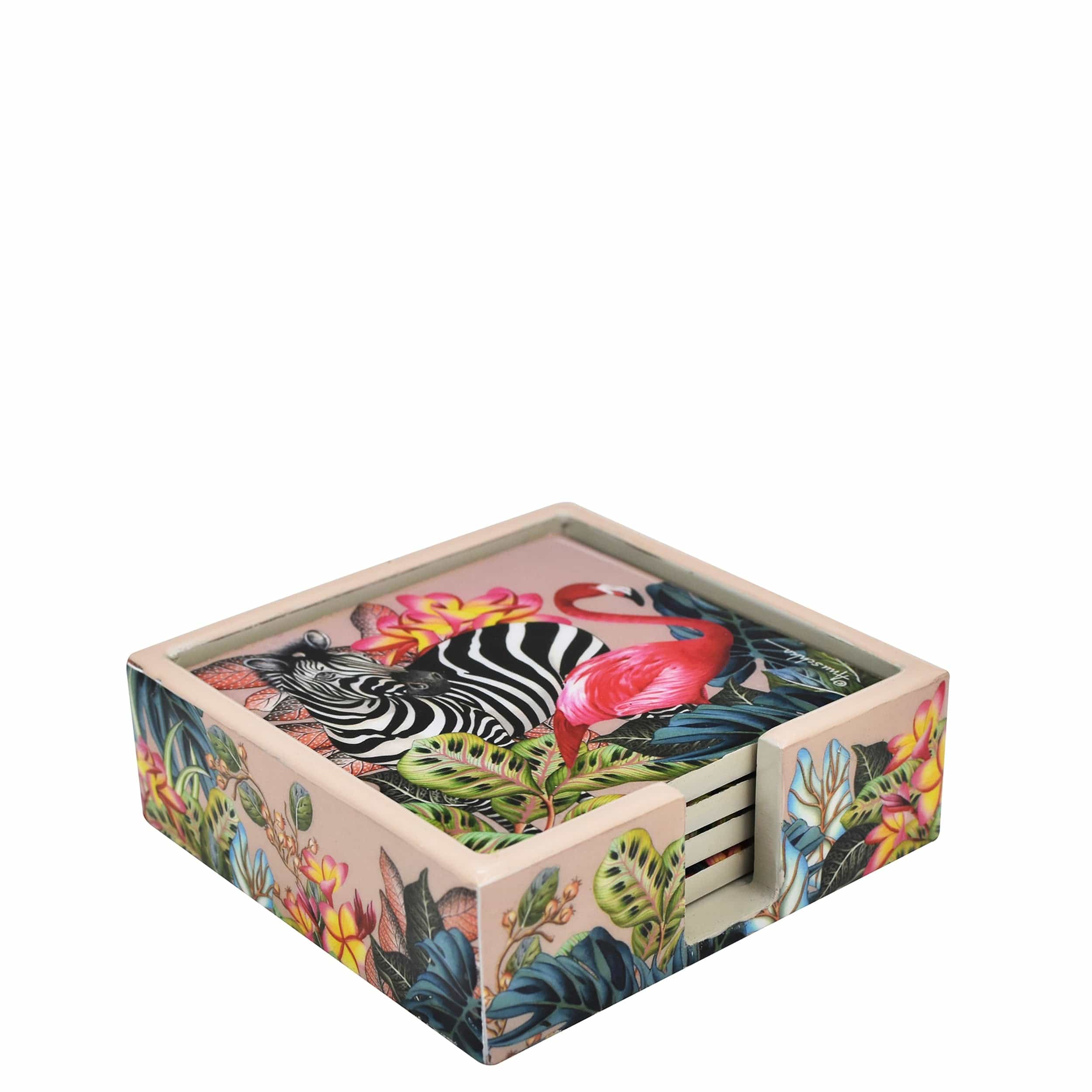 Set of 4 Wooden Printed Square Coasters - Made of natural mango wood with enamel inlay - Animals