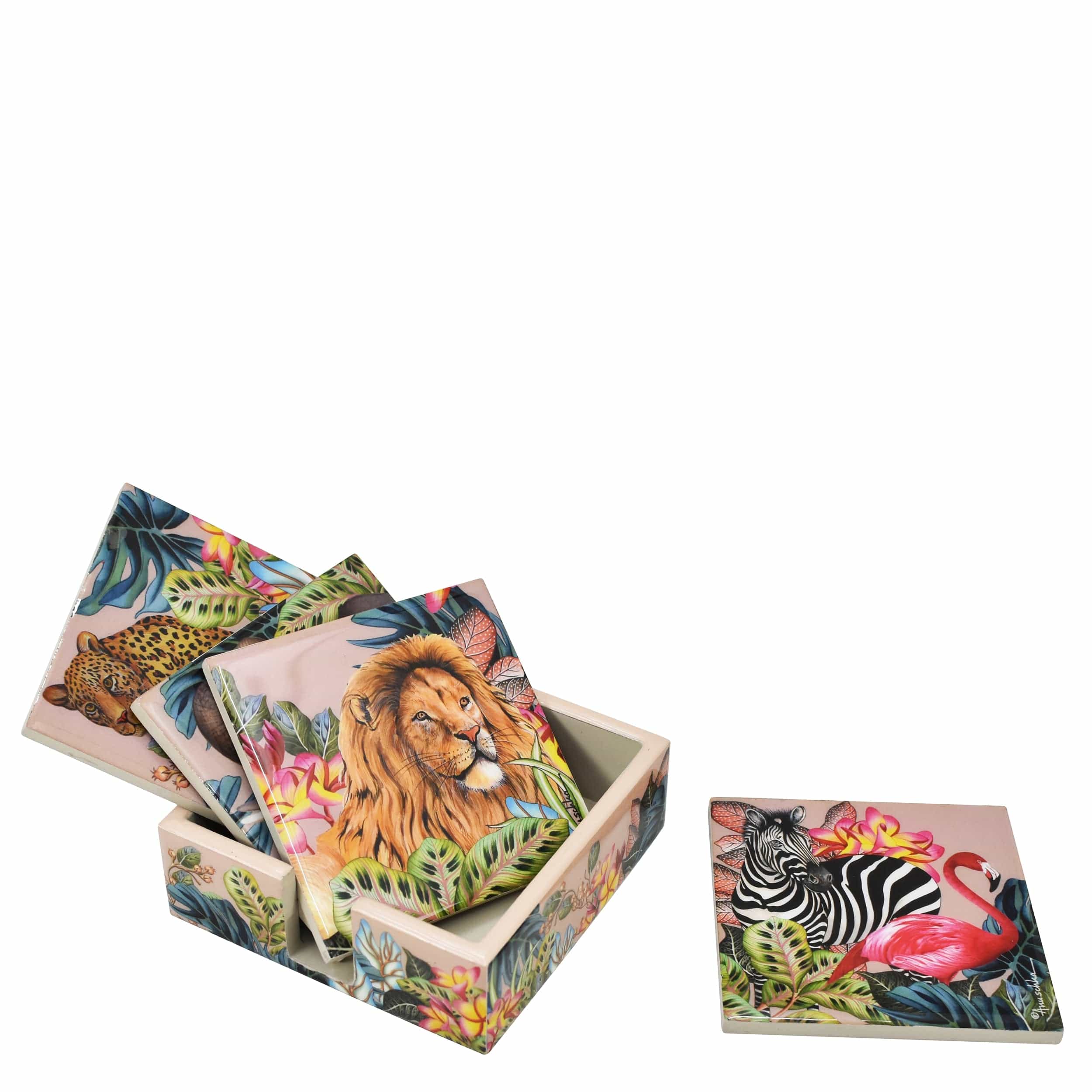 Set of 4 Wooden Printed Square Coasters - Made of natural mango wood with enamel inlay - Animals