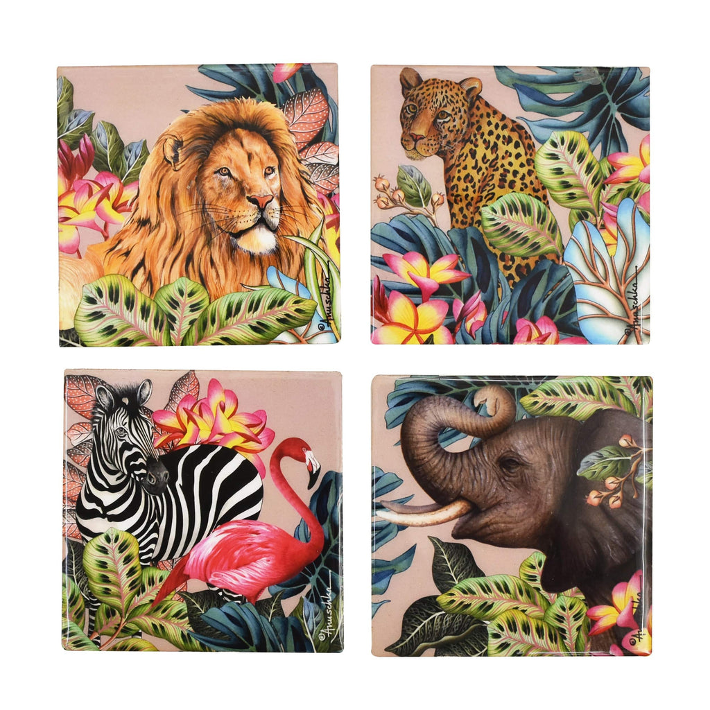 Set of 4 Wooden Printed Square Coasters - Made of natural mango wood with enamel inlay - Animals