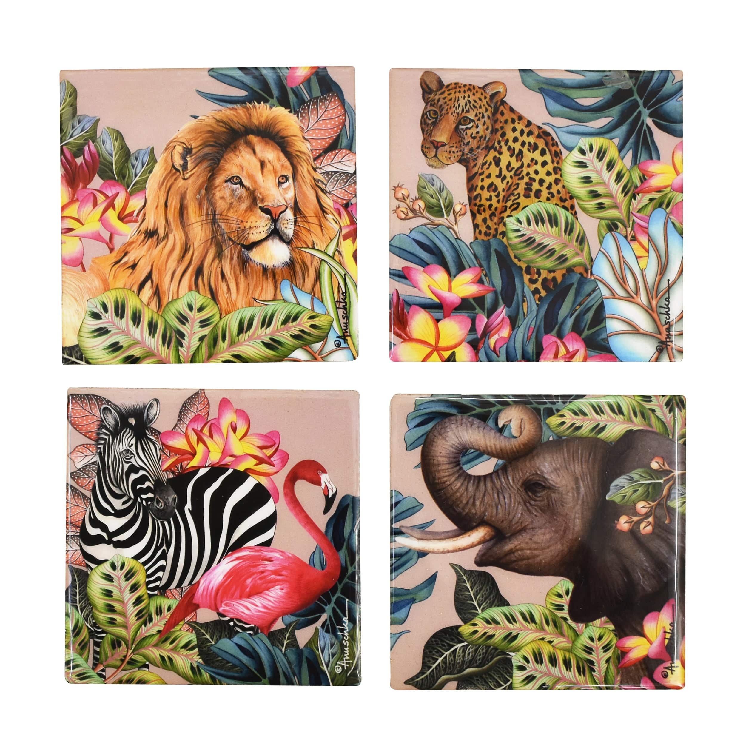 Set of 4 Wooden Printed Square Coasters - Made of natural mango wood with enamel inlay - Animals