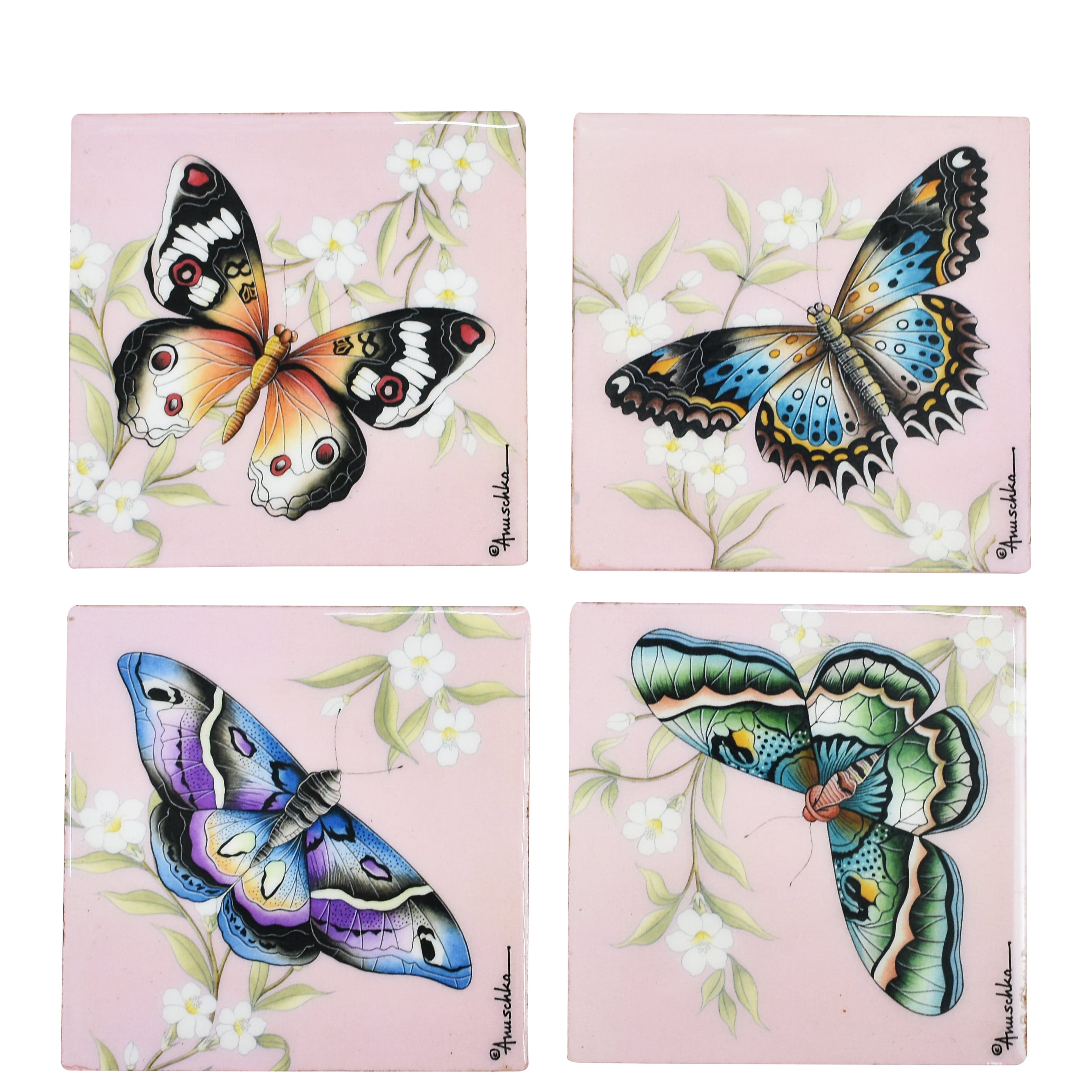 Set of 4 Wooden Printed Square Coasters Made of natural mango wood with enamel inlay - Butterfly